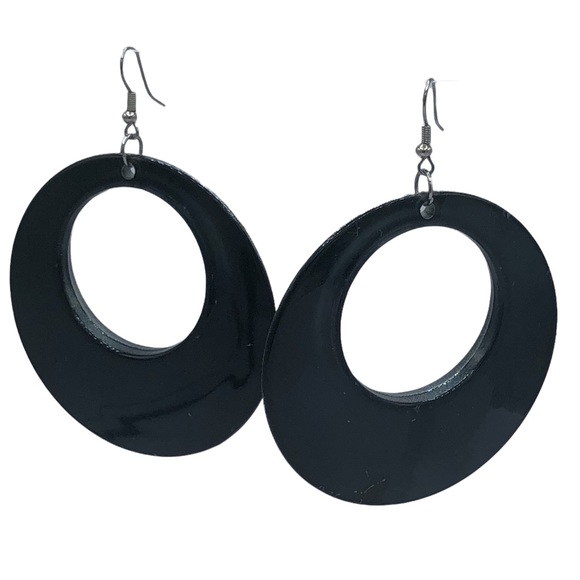 Vintage Dangle Hoop Earrings Dark Green Black Silver Lightweight Hook Pierced - Picture 2 of 5